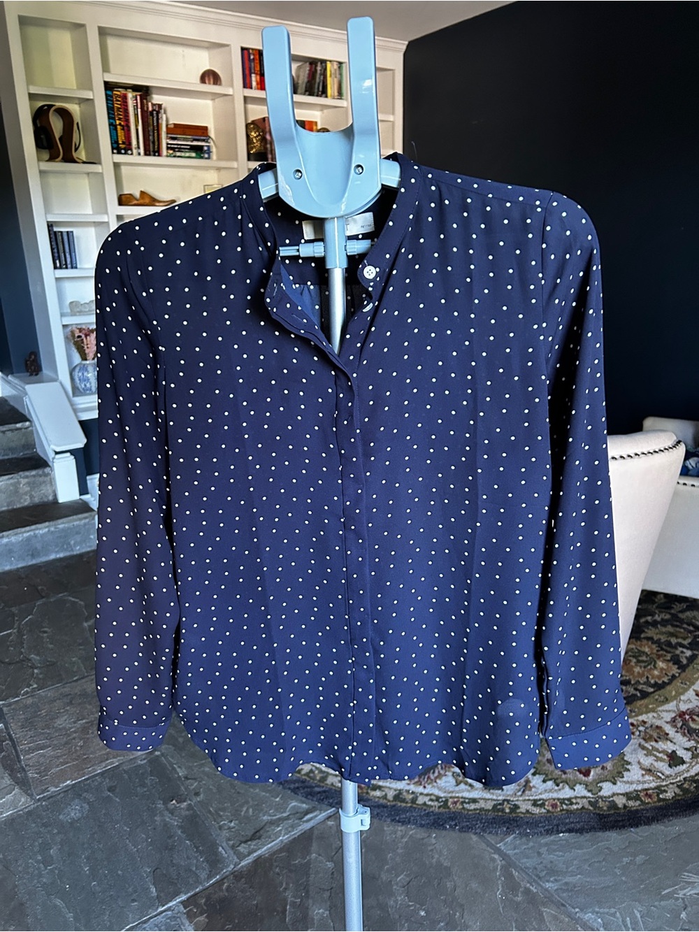 LOFT Petite Small Navy Blue Button-Front Polka Dot Shirt